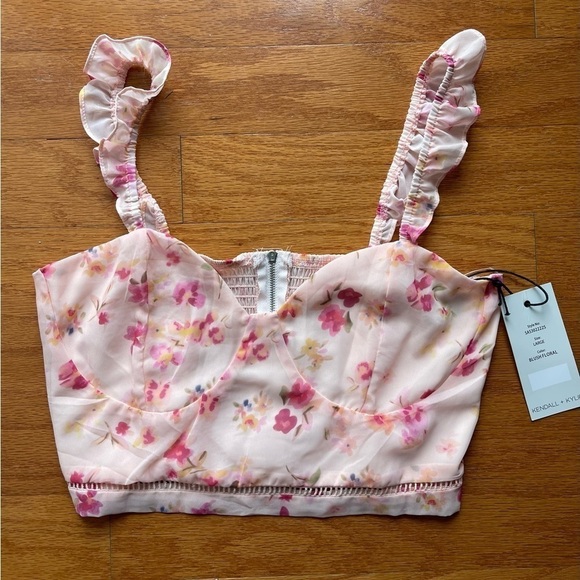 Kendall + Kylie Chiffon Ruffle Strap V-Neck Back Zip Floral Crop Top Y2K Size L - Picture 1 of 3